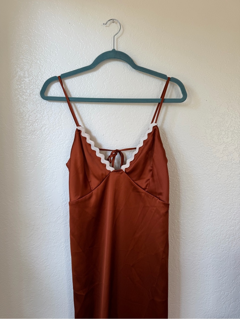 ASOS Design Rust Brown Satin Midi Slip Dress w/ White Scalloped Trim